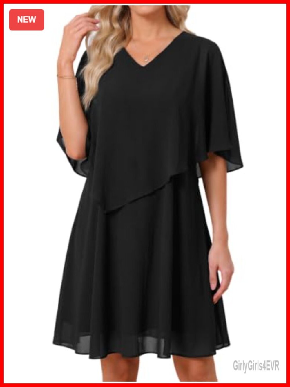 Women's Chiffon V Neck A-Line Cape Sleeve Knee Length Wedding Guest Dress
